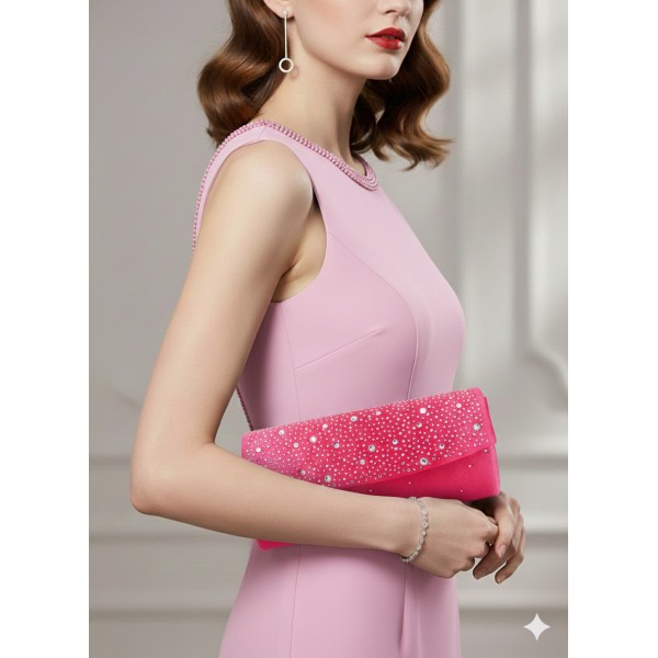 Evening Bag - Satin w/ Jeweled Flap - Fuchsia - BG-100277FU